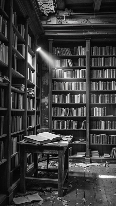 Dark library with patterned walls and shelving